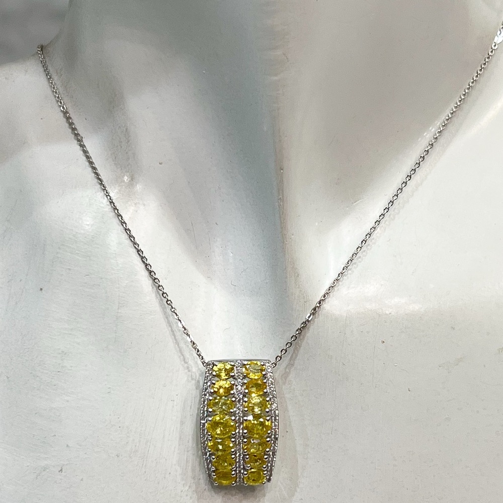 Madagascar Yellow Sapphire White Zircon Sterling Silver Pendant 20” Necklace - Picture 2 of 12
